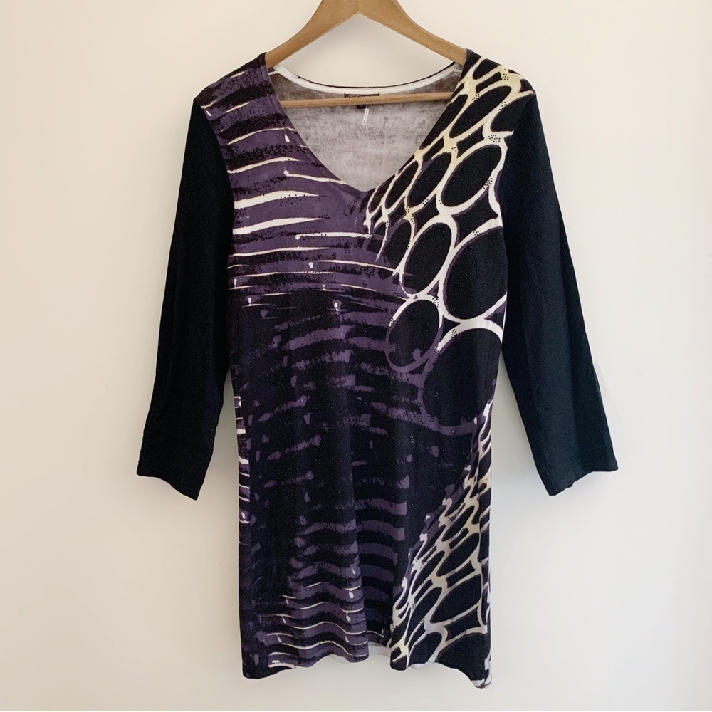 Alberto Makali Black & Purple Beaded V Neck Knit Tunic Top Medium Maximalist